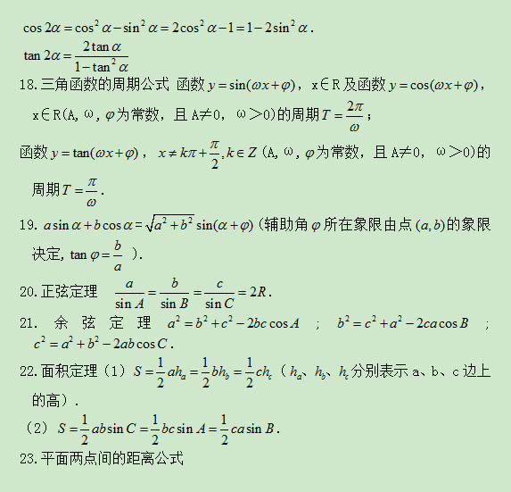 2020年山东成人高考高起点理科数学公式归纳