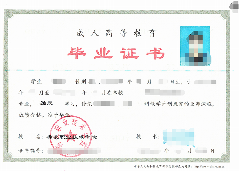 杨凌职业技术学院成人高考毕业证书