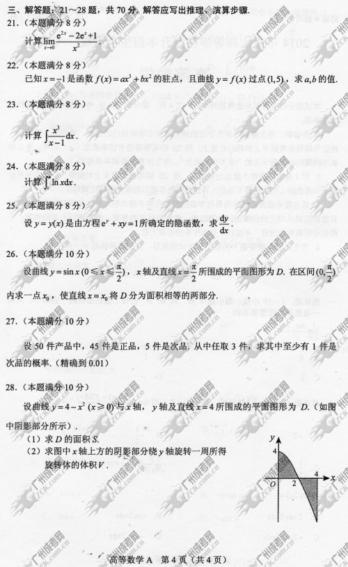 陕西省成人高考2014年统一考试专升本高等数学真题A卷