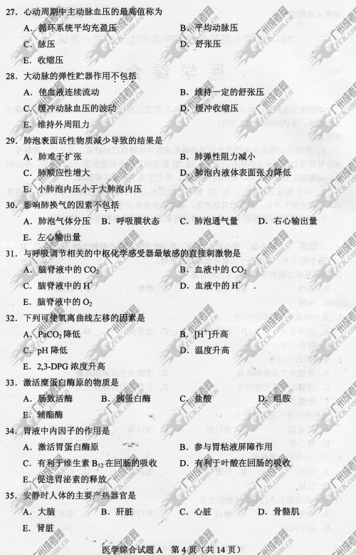 陕西省成人高考2014年统一考试专升本医学综合真题A卷