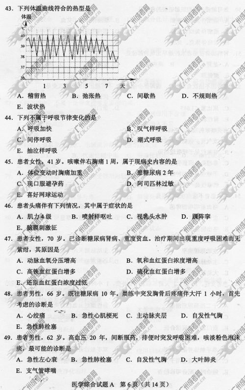 陕西省成人高考2014年统一考试专升本医学综合真题A卷