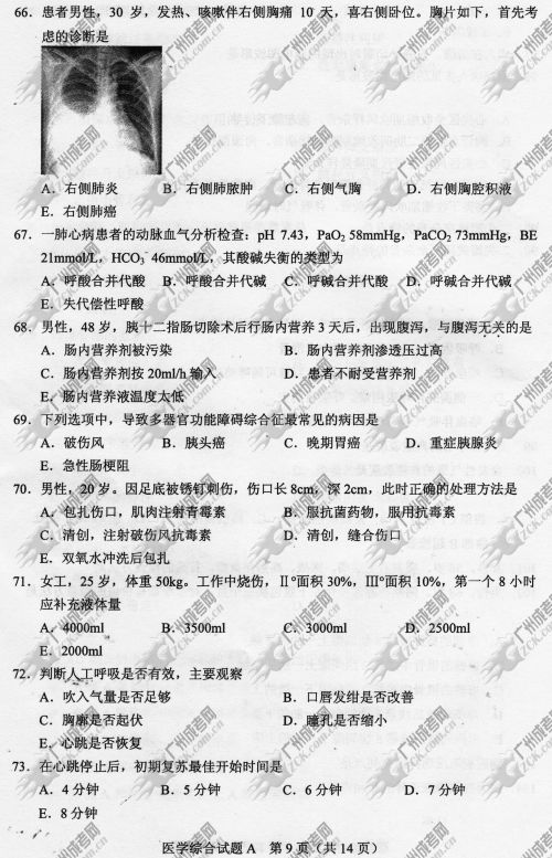 陕西省成人高考2014年统一考试专升本医学综合真题A卷