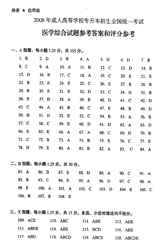 2008年成人高考专升本医学综合试题及答案